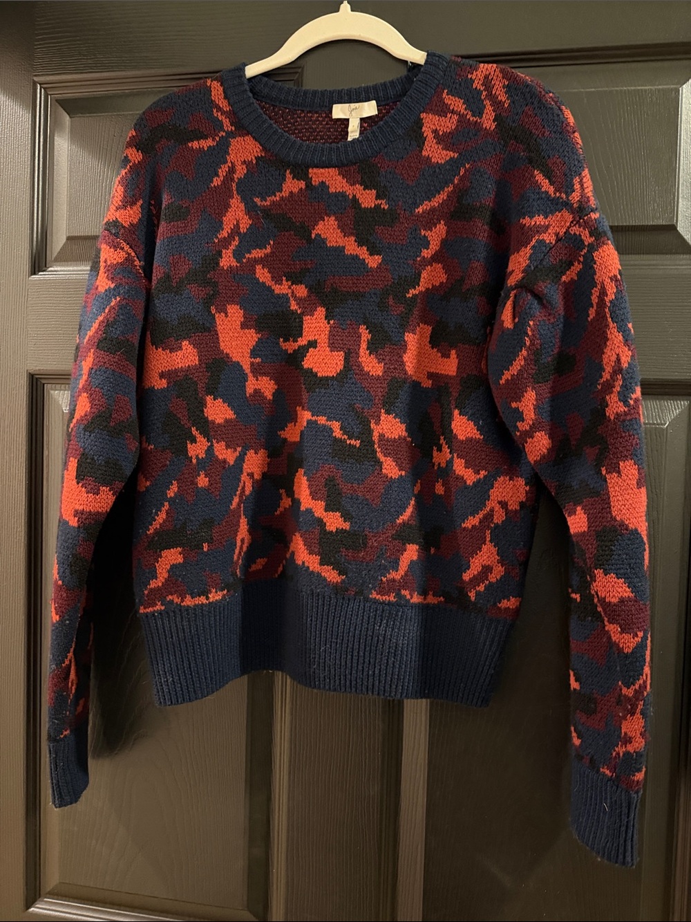 Joie Abstract Camo Knit Crewneck Sweater Navy Red Size S